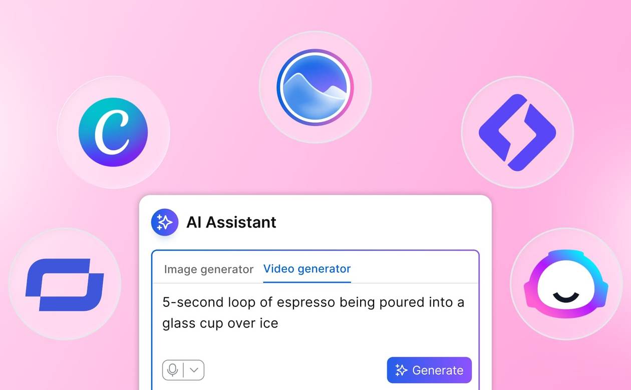 An illustration of an image generator prompt plus content creation tool logos.
