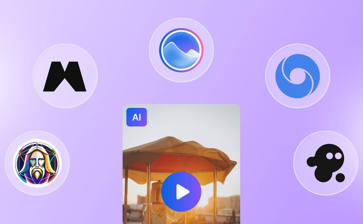 Various AI application icons float around a vertical video preview box with a play button.