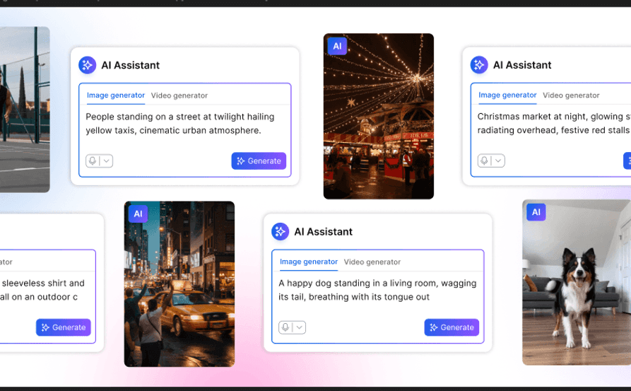 AI image generator interface showing text prompts creating photos of a city street, Christmas market, and a dog
