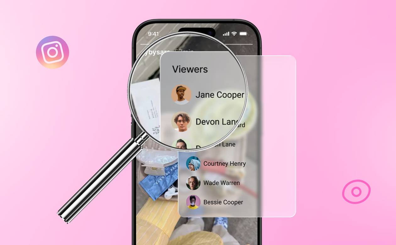 An illustration of an Instagram Story with its viewer list overtop it.