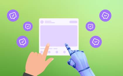 An illustration of a human and bot working together to respond to social media comments.