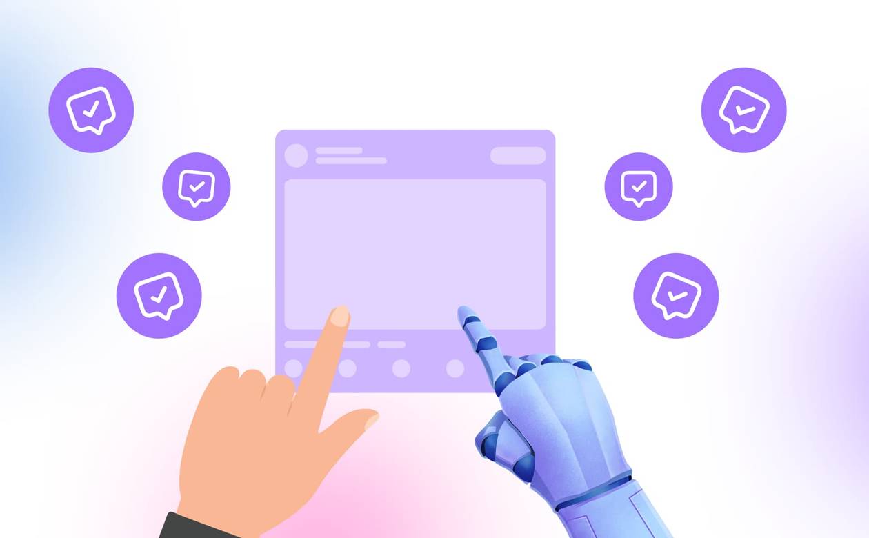 An illustration of a human and bot working together to respond to social media comments.