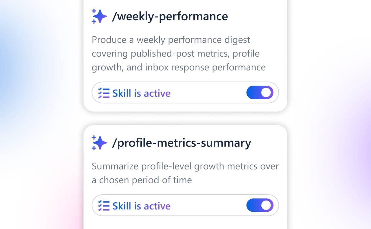 A digital graphic highlighting active AI capability blocks for weekly performance and profile metrics summaries.