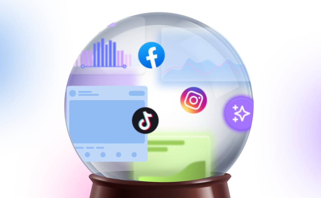 An illustration of a crystal ball showcasing different social media platforms and elements.