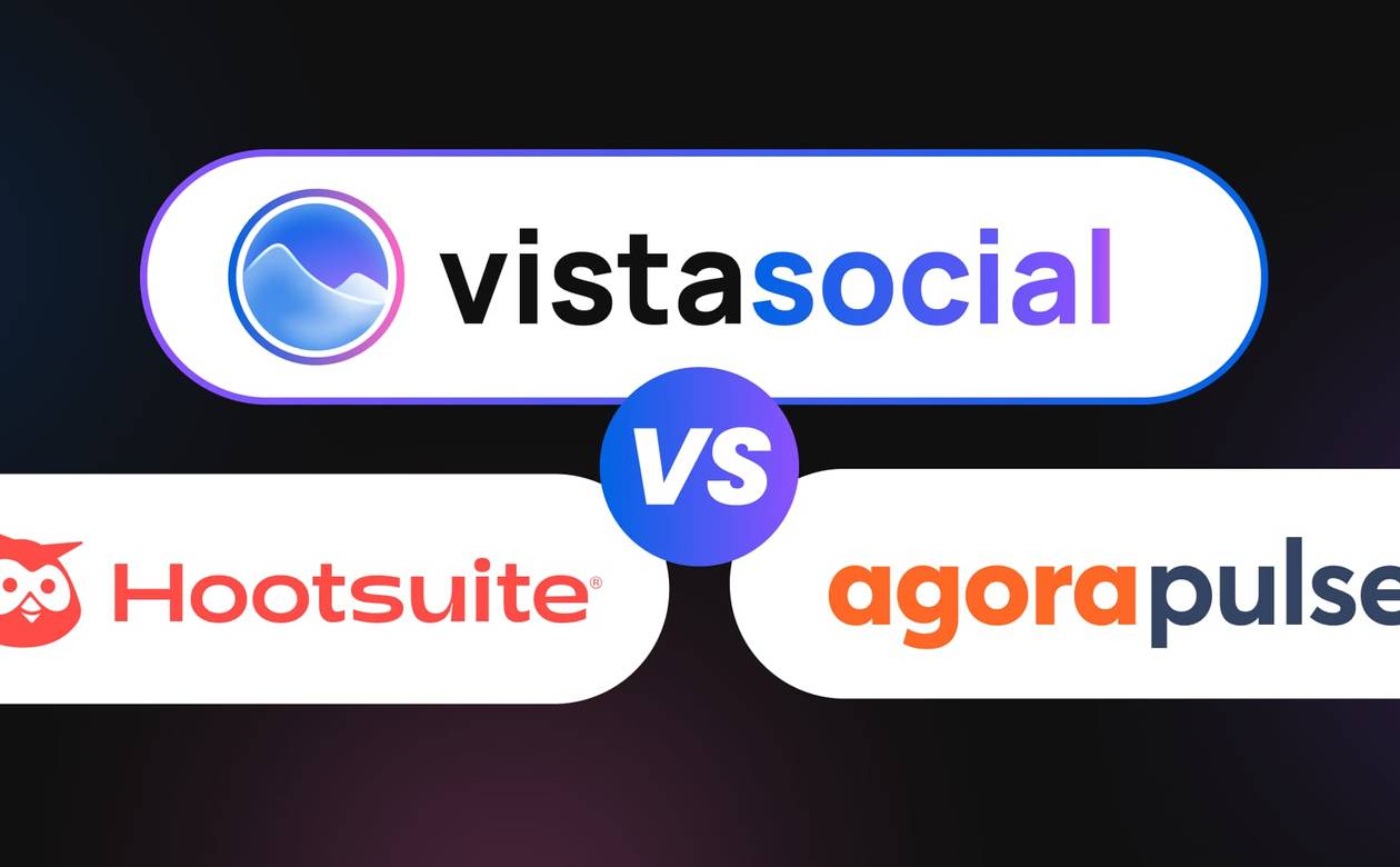 A comparison header graphic featuring the logos of Vista Social, Hootsuite, and Agorapulse around a central VS badge.