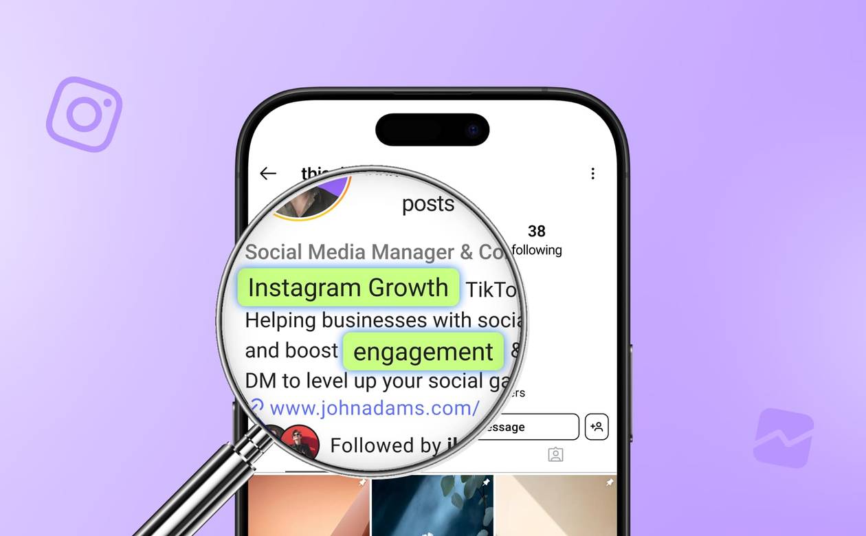 An illustration of a magnifying glass highlighting the keywords in an Instagram bio.