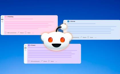 An illustration showcasing different Reddit posts with the Reddit logo atop them.
