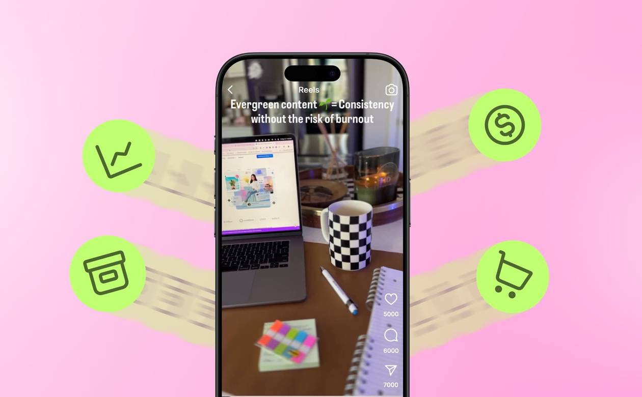 An Instagram Reel with icons like sales, a shopping cart, and a high-performing graph flying away from it.