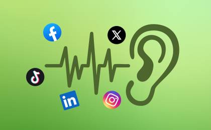 An illustration of an ear listening to conversations on social media.