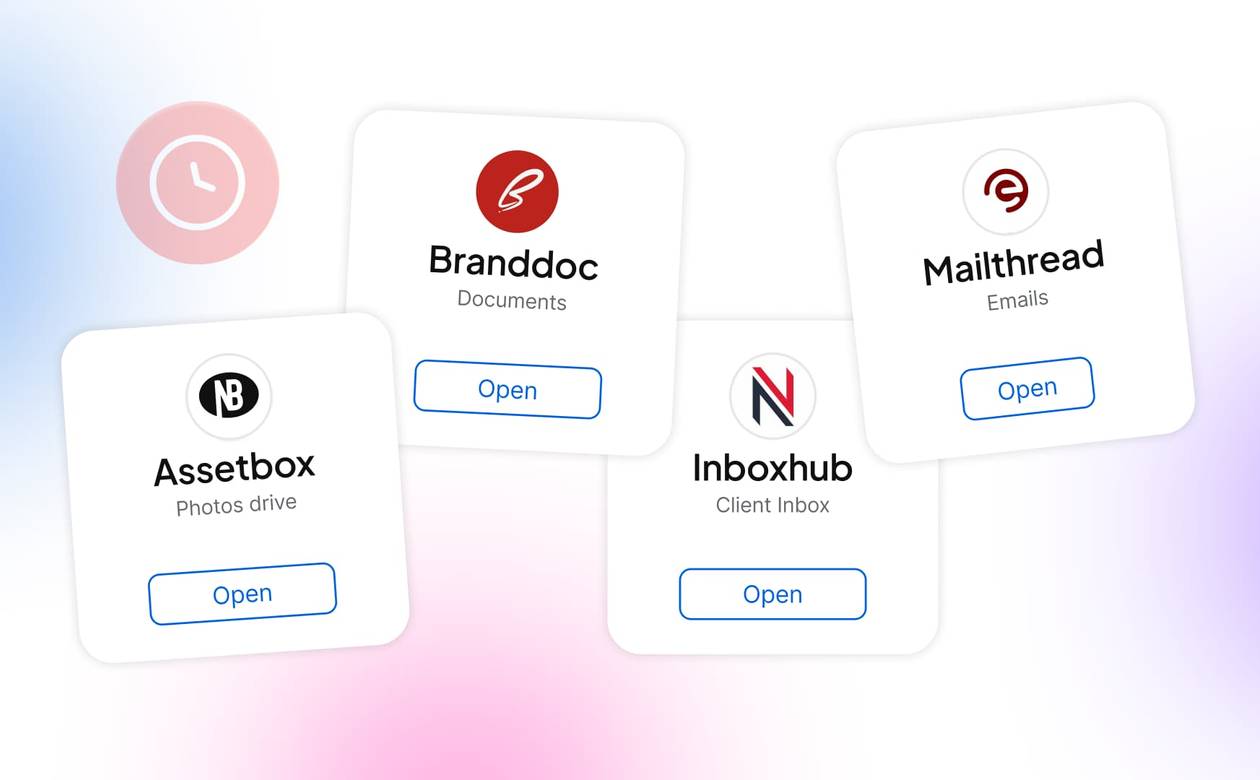 A header graphic depicting fragmented client tools including Assetbox, Branddoc, Inboxhub, and Mailthread cards around a clock icon.