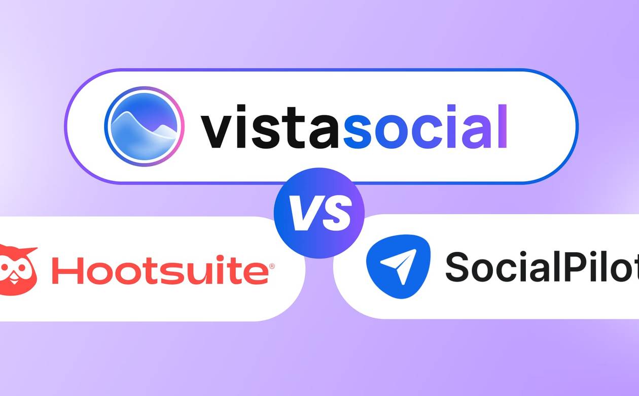 A comparison header graphic featuring the logos of Vista Social, Hootsuite, and SocialPilot around a central VS badge.
