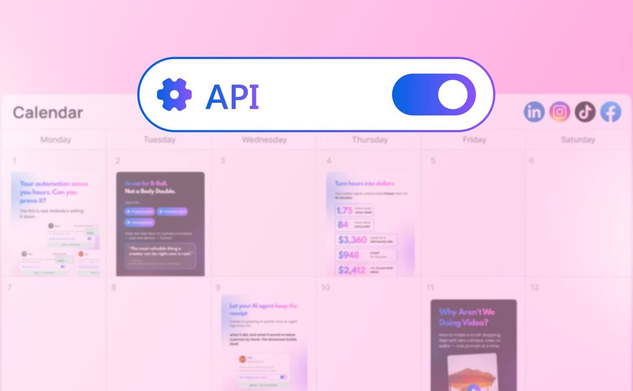 A toggle control graphic for API settings layered over a blurred content calendar background.