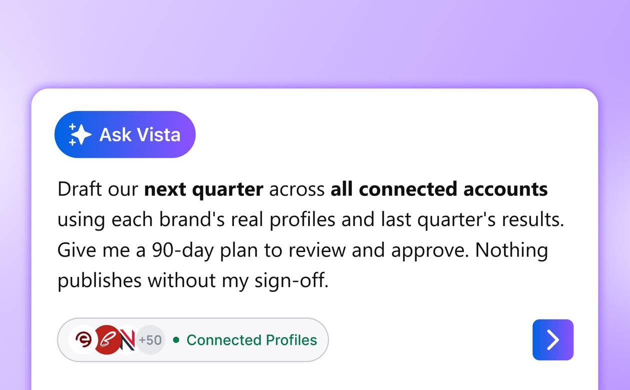 An Ask Vista prompt card requesting a comprehensive 90-day quarterly social plan across all connected accounts.