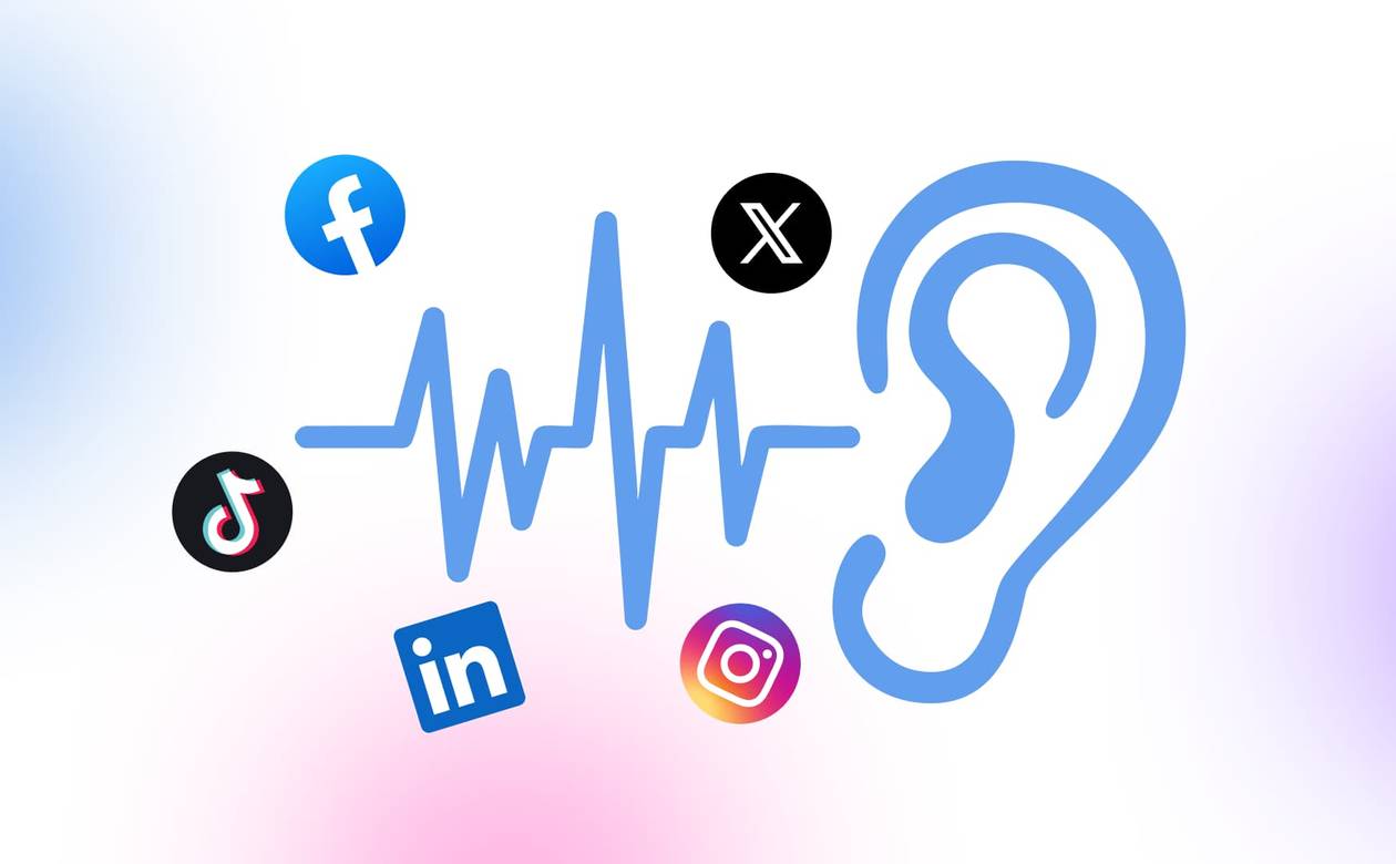 An illustration of an ear listening to conversations on social media.