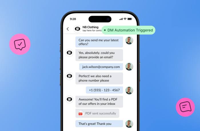 An illustration showcasing Vista Social's DM automation and PDF attachments.