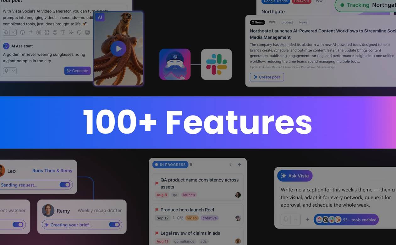 A feature milestone graphic highlighting the 100+ major feature releases shipped across AI generation, Slack integrations, task management, and Ask Vista tools.