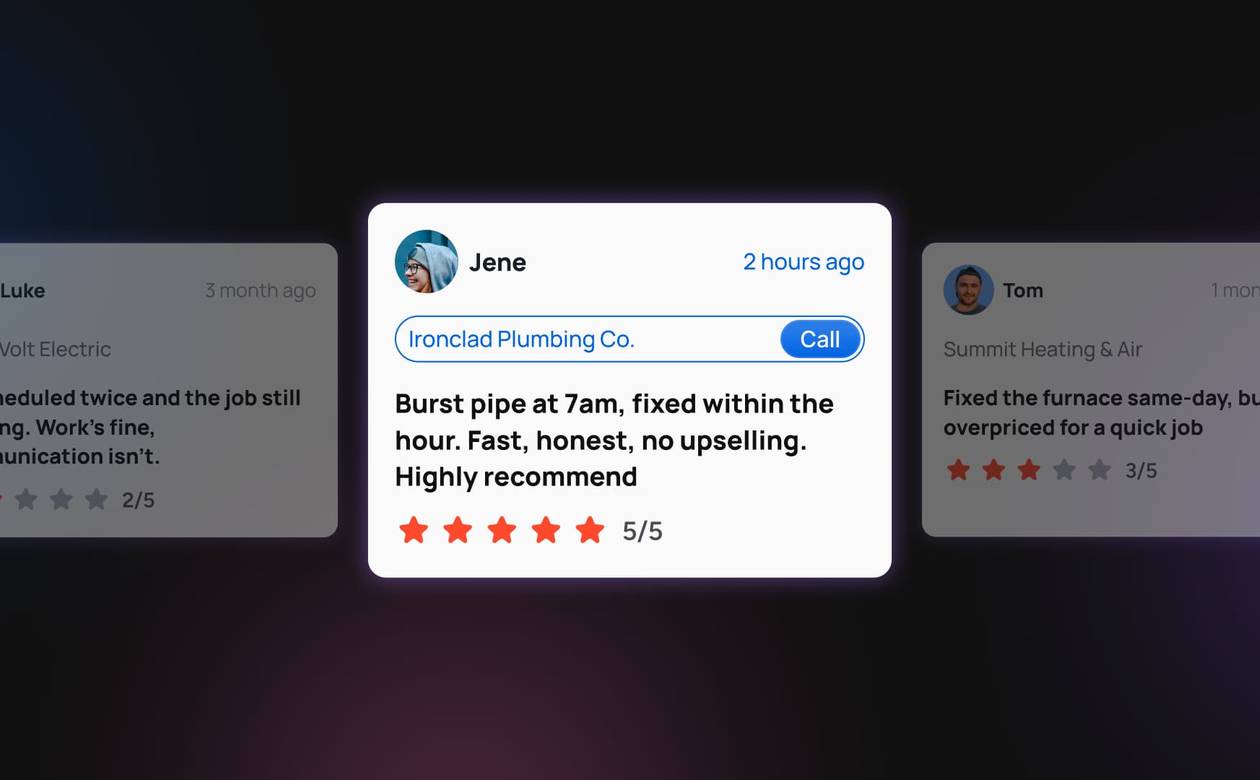 A header graphic highlighting customer reviews for home service businesses across three separate location branches.