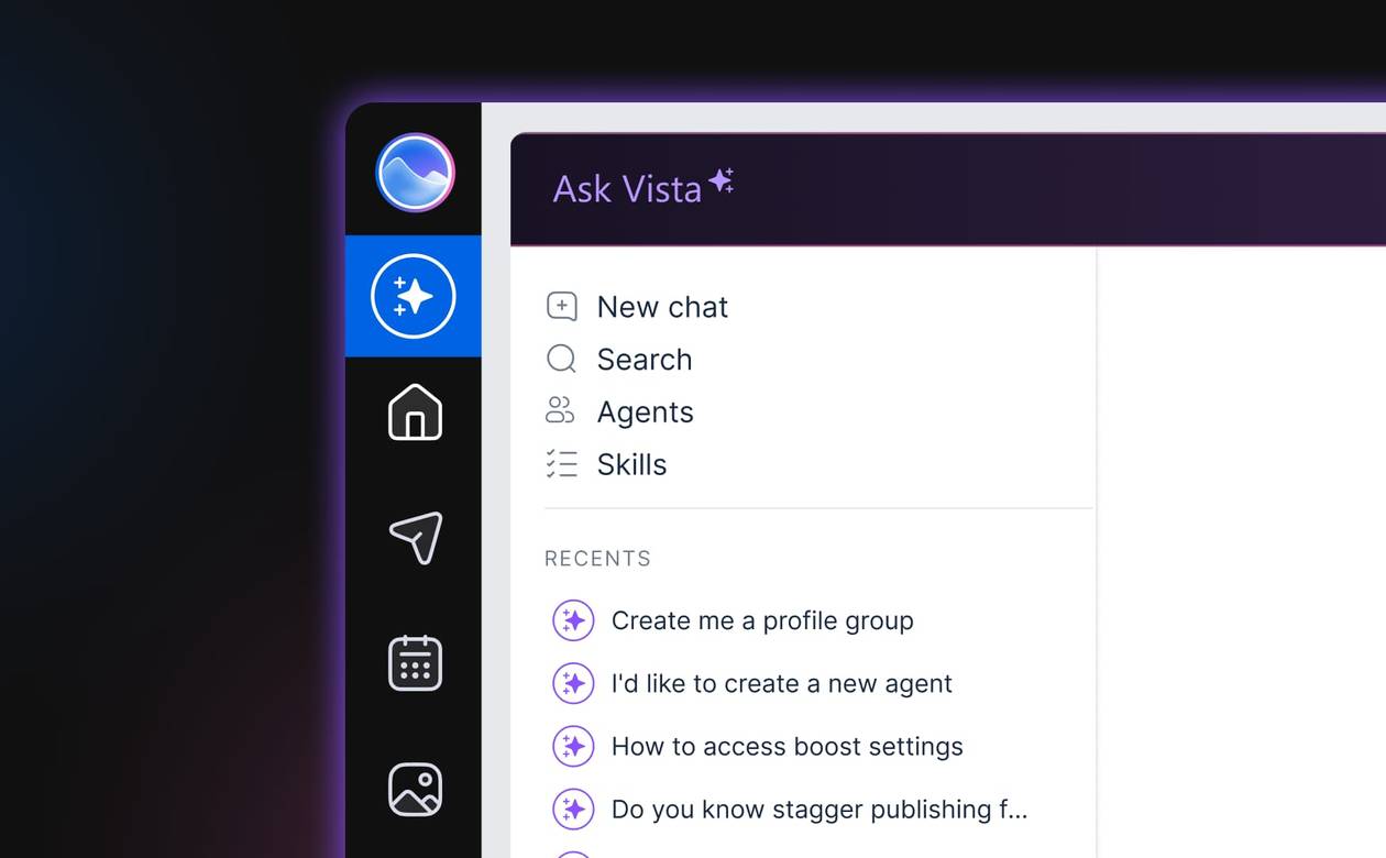 A close-up view of the Ask Vista navigation sidebar highlighting options for new chats, search, agents, and skills.