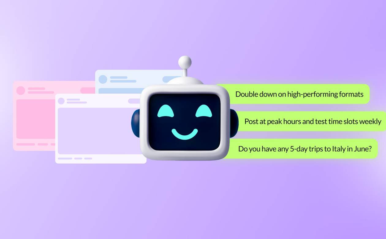An illustration of an AI robot helping to audit a social media strategy.