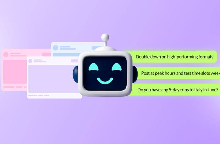 An illustration of an AI robot helping to audit a social media strategy.