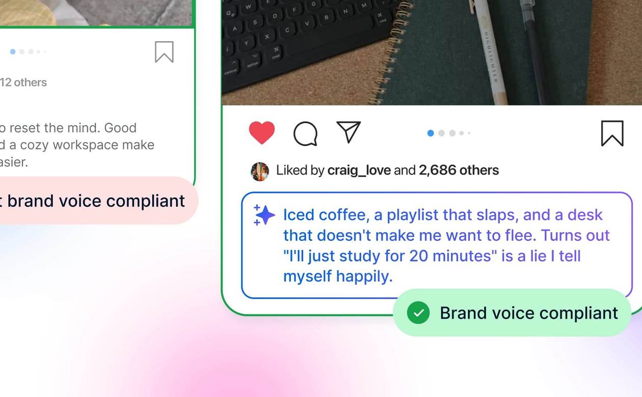 Side-by-side comparison of an Instagram caption marked "Not brand voice compliant" versus one marked "Brand voice compliant".