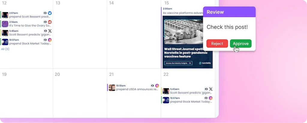 A Vista Social calendar with a review card to approve or reject a scheduled Norstella post