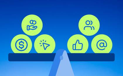 An illustration showcasing a scale with icons representing affiliate marketing and influencer marketing balancing on each side.