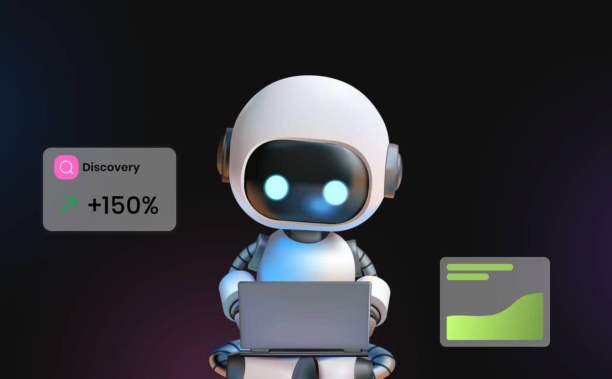 An illustration of a robot surrounded by marketing metrics.