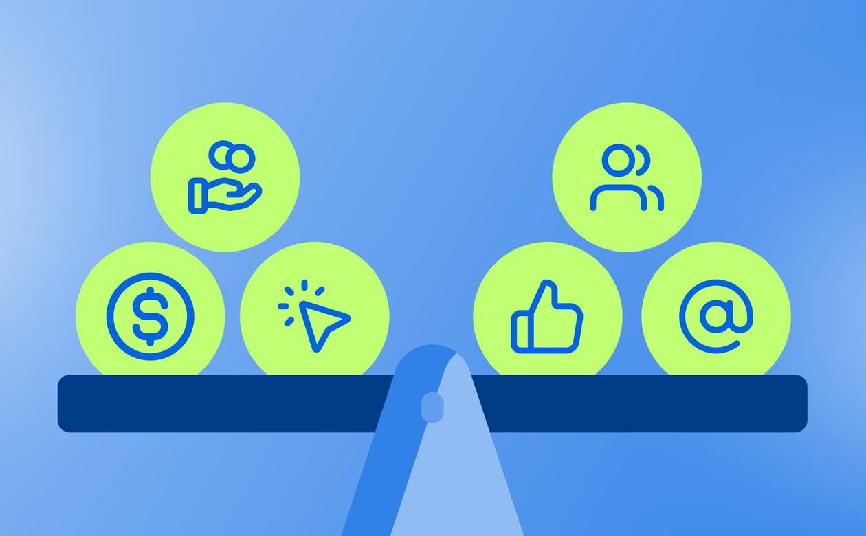 An illustration showcasing a scale with icons representing affiliate marketing and influencer marketing balancing on each side.