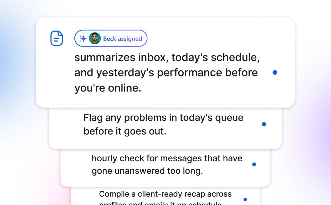 A stacked graphic display of automated task prompts with Beck assigned to summarize inbox performance and schedules.