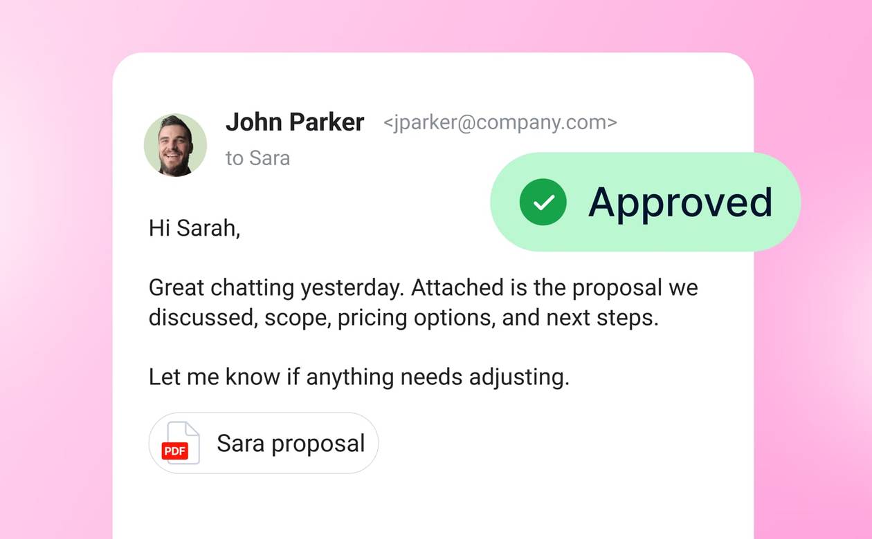 A header graphic depicting an approved client email message with an attached PDF proposal file.