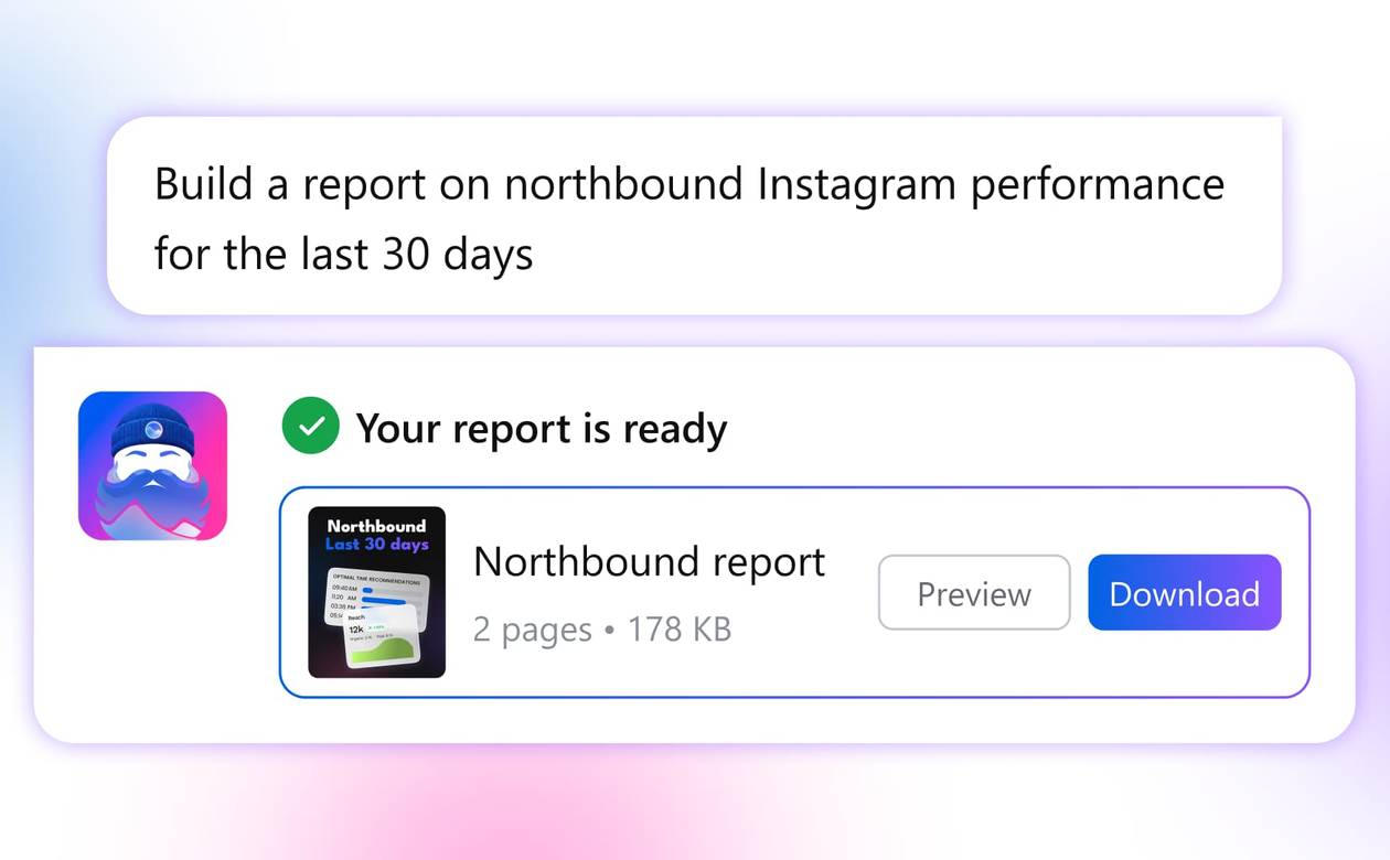 A header graphic demonstrating an Ask Vista prompt requesting an Instagram performance report, paired with a generated downloadable report file card.