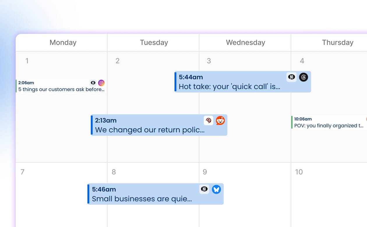 A header graphic showing a calendar grid mapped out with scheduled social media posts across various time slots and platforms.