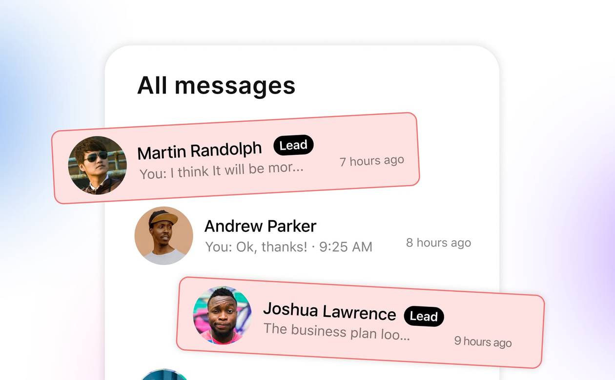 An inbox message overview displaying inbound conversations tagged with lead indicators such as Martin Randolph and Joshua Lawrence.