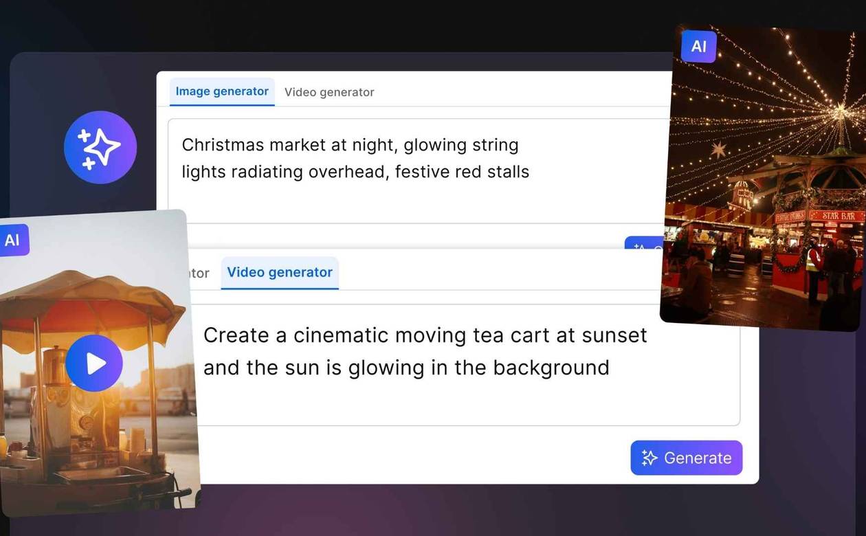 An illustration showcasing AI image and video generation capabilities in Vista Social.