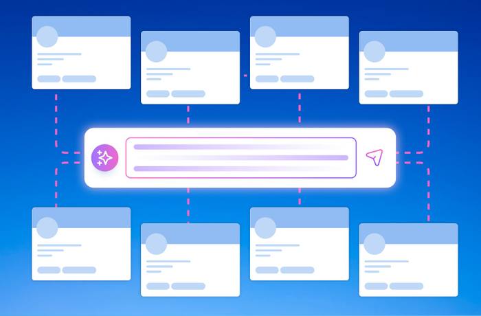 An illustration showcasing an AI chatbox managing multiple social media profiles.