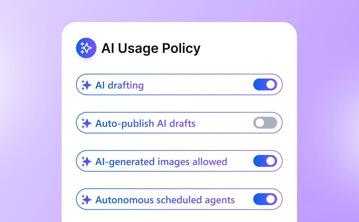 An AI Usage Policy settings card displaying toggle switches for drafting, auto-publishing, and autonomous agents.