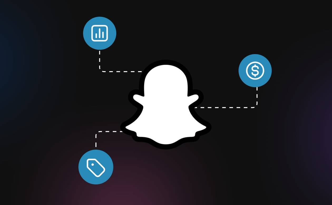 An illustration of the Snapchat logo with advertising icons.