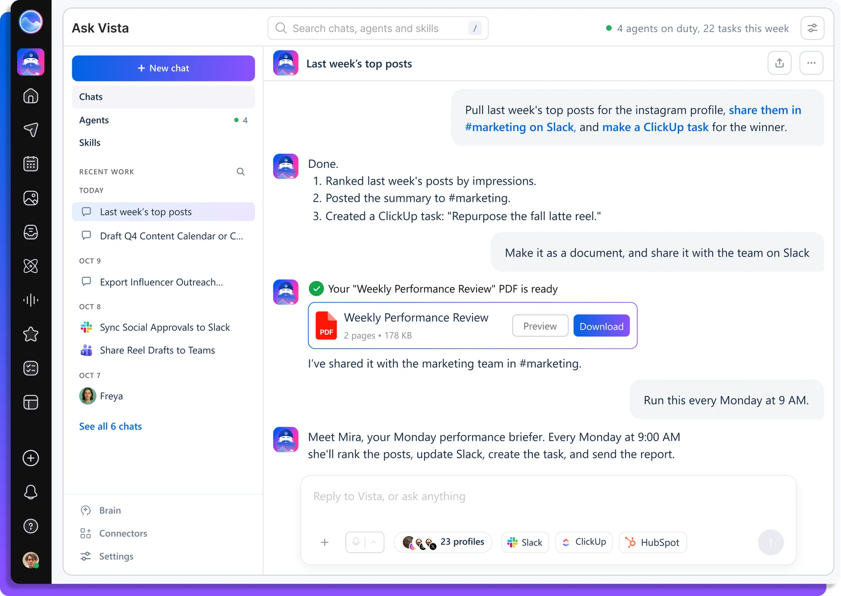 Ask Vista chat completing a request across Instagram, Slack, and ClickUp