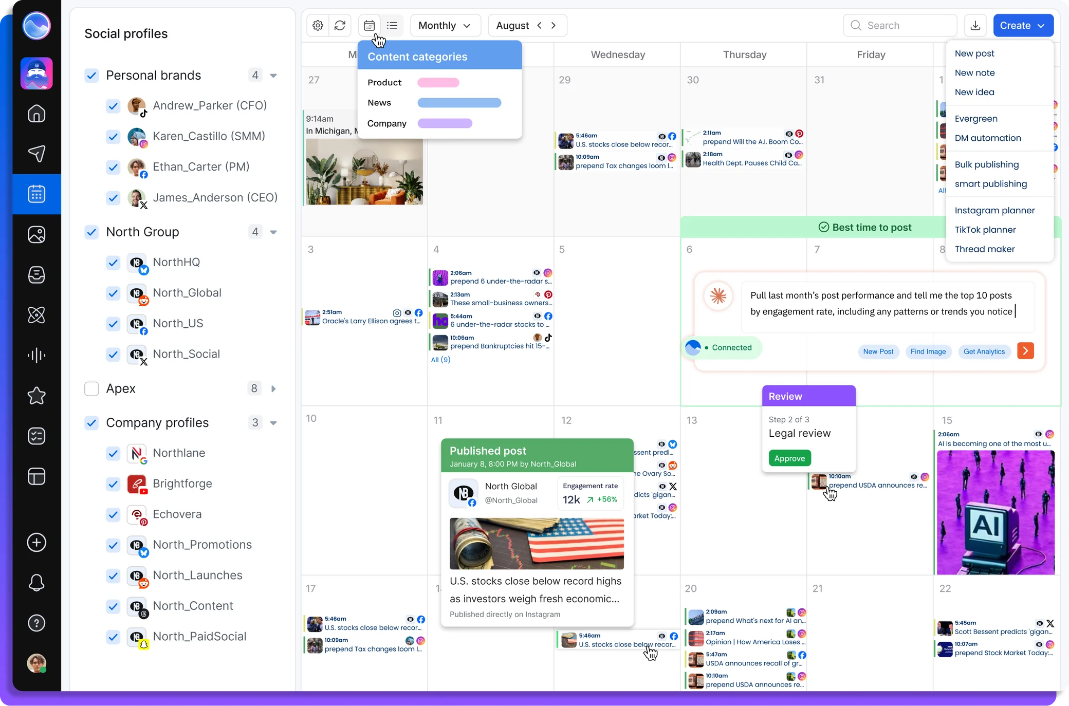 Vista Social publishing calendar with posts scheduled across connected social profiles