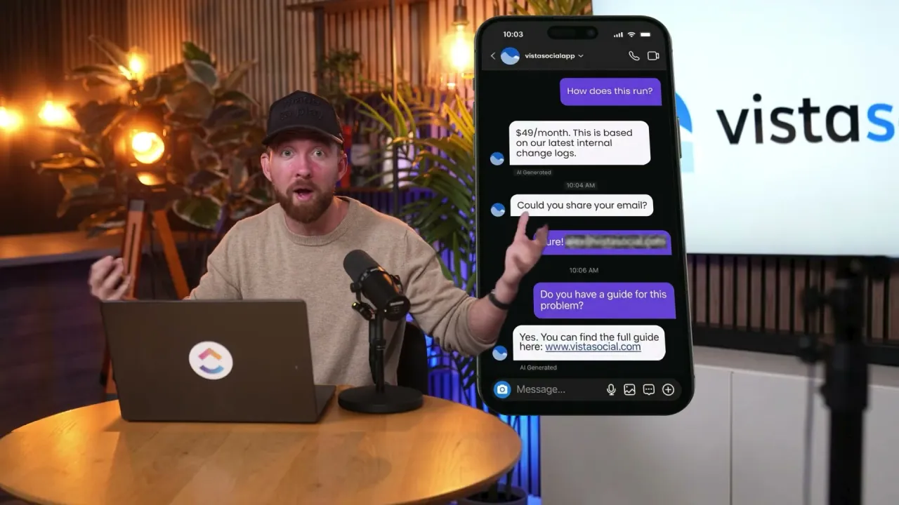 Chris Cunningham at a table with a ClickUp laptop, next to a phone showing an automated DM conversation
