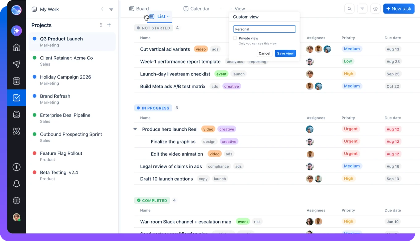 A Vista Work project board showing tasks grouped by status alongside the posts they belong to